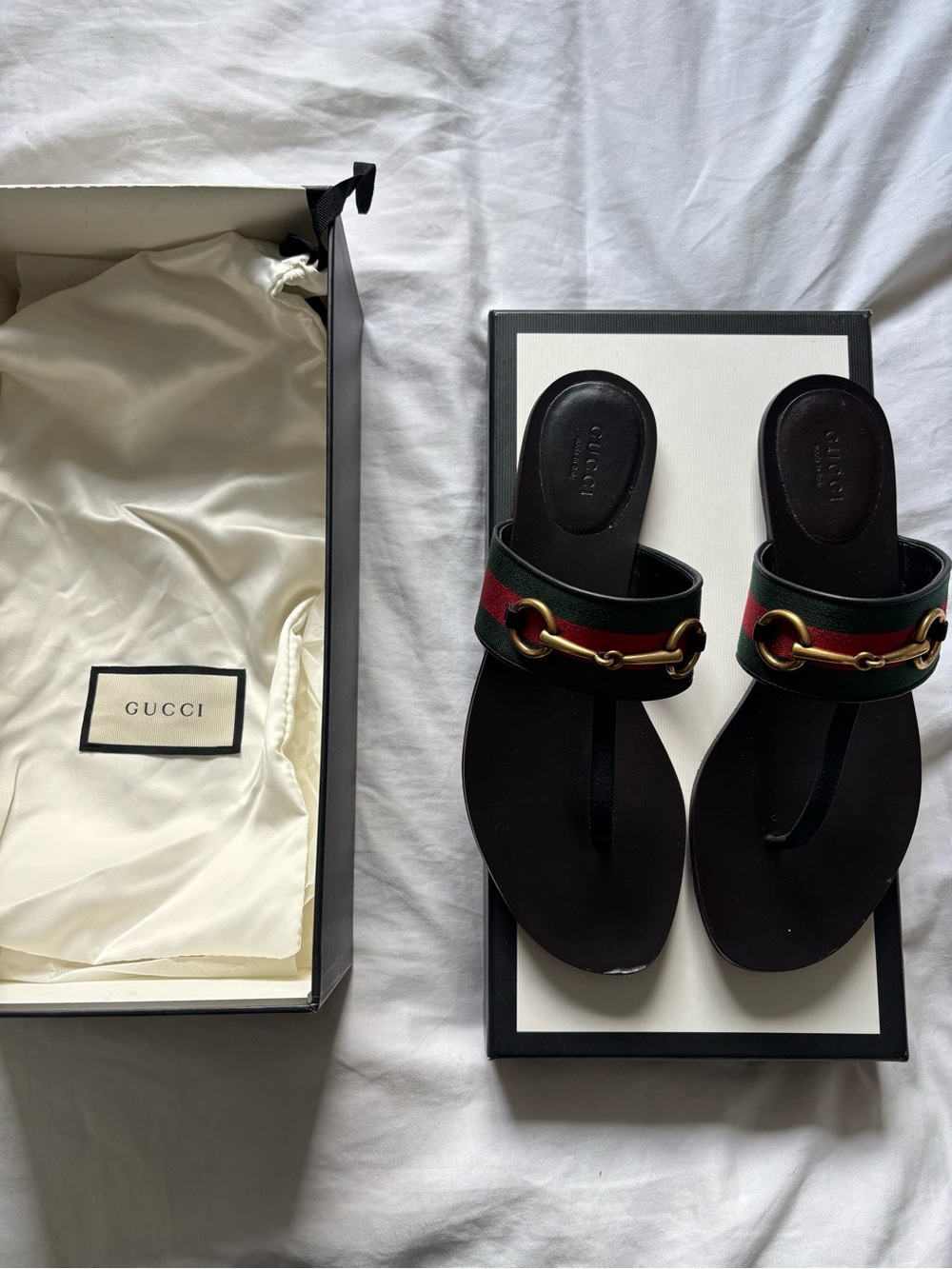Gucci Black Leather Sandals with Green and Red Web Stripe & Gold Horsebit